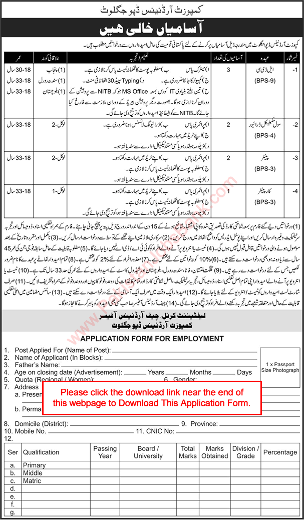 Composite Ordnance Depot Jaglot Jobs 2021 April Application Form COD Pakistan Army Latest in